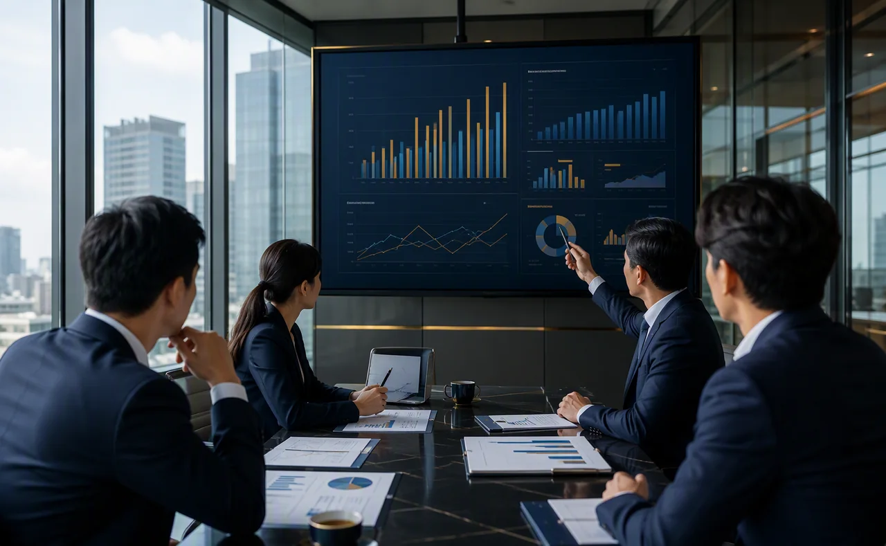 Gestores analisando indicadores em tela