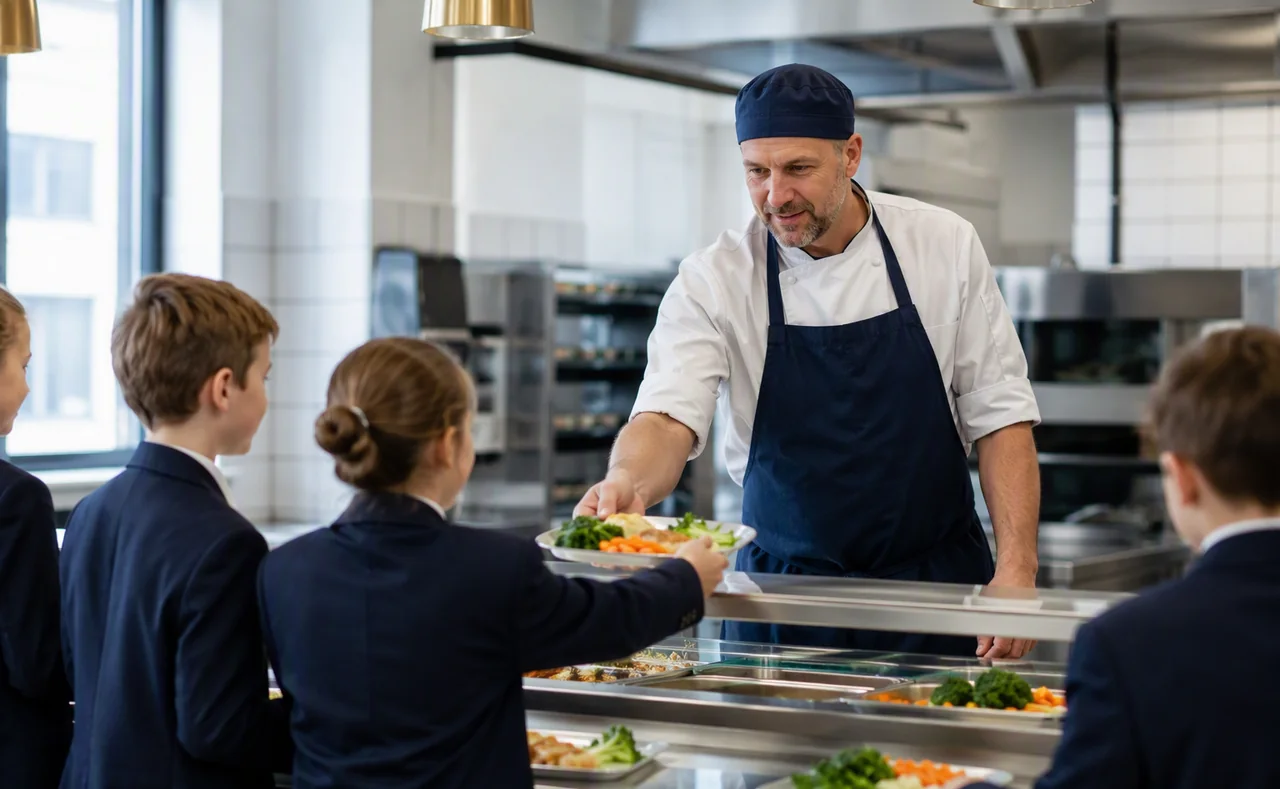Profissional servindo merenda em cozinha escolar