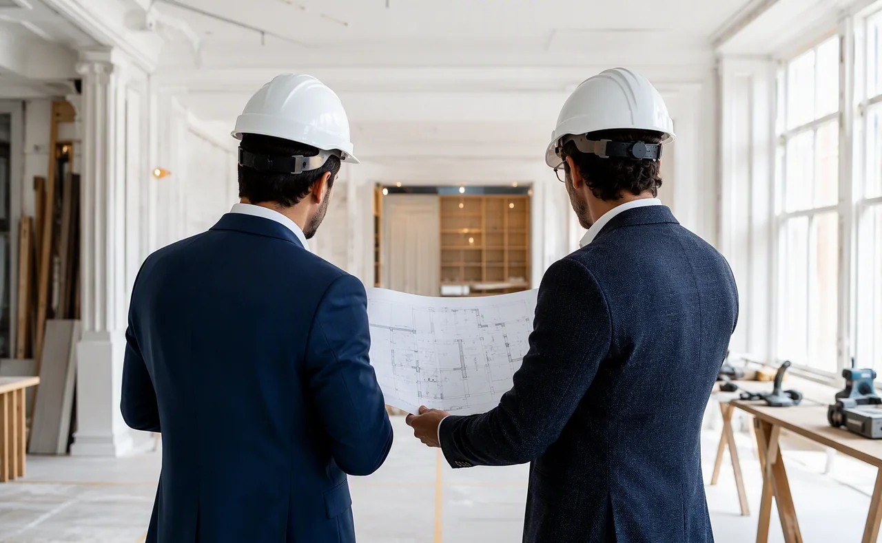 Profissionais de obra analisando planta